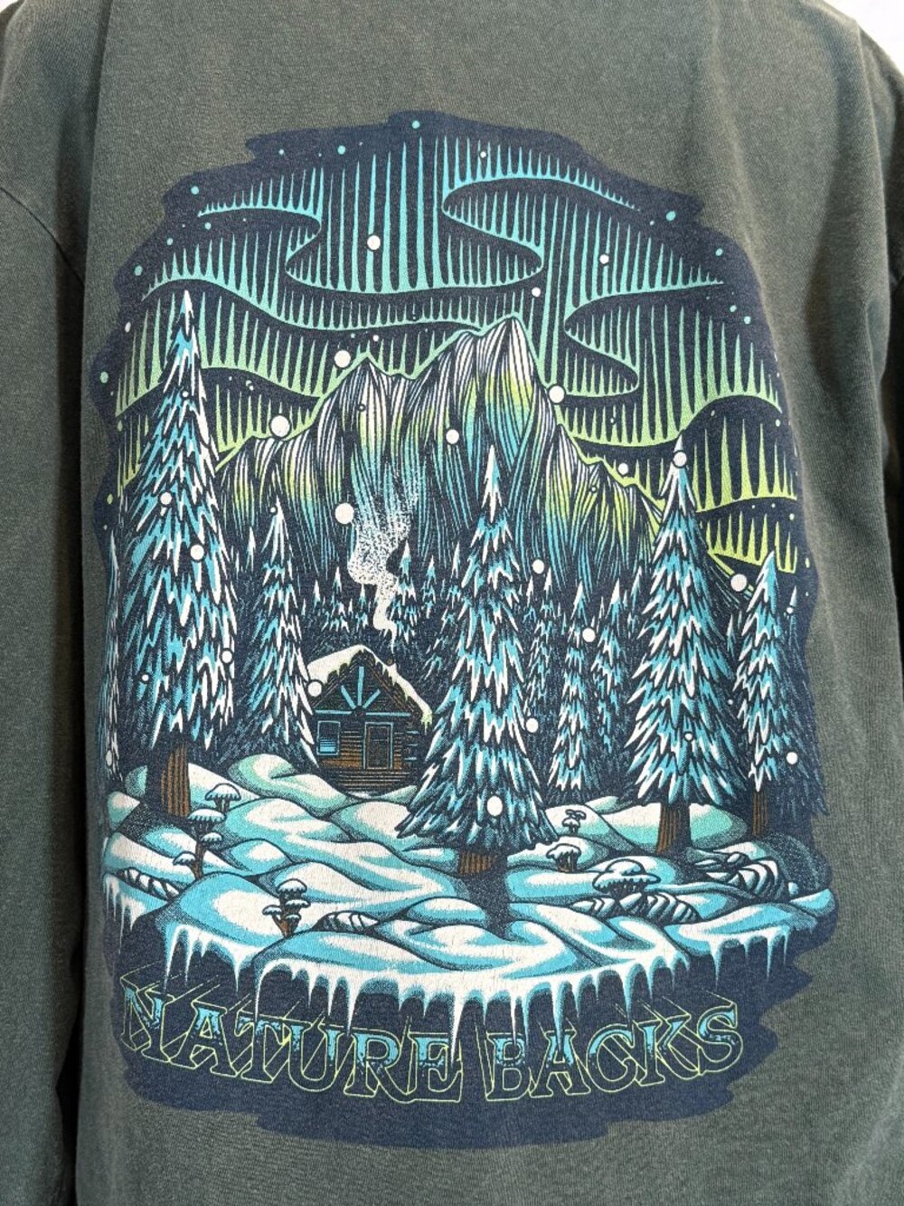 Naturebacks LS Winter Cabin Northern Lights Tee Women's L